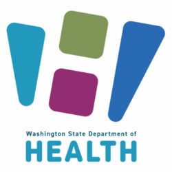 Washington State Department of Health Logo featuring two blue triangular shapes framing one green square on top of a purple square.